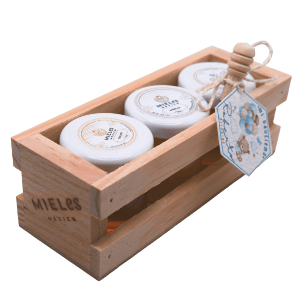 Cajita de regalo con 3 frasquitos de miel de 3 flores diferentes